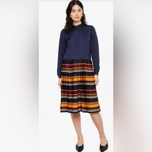 NWT Tommy Hilfiger Long Sleeve Navy and Striped Pleated Dress